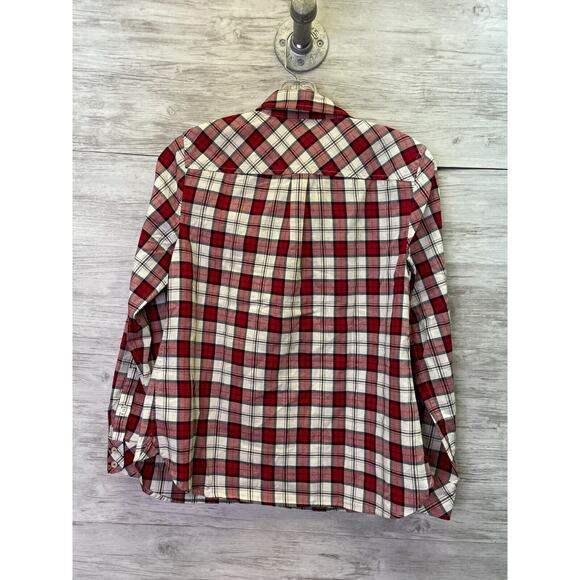 Talbots Flannel Womens P Red White Plaid Button Up Long Sleeve Metallic Cotton - Picture 10 of 11